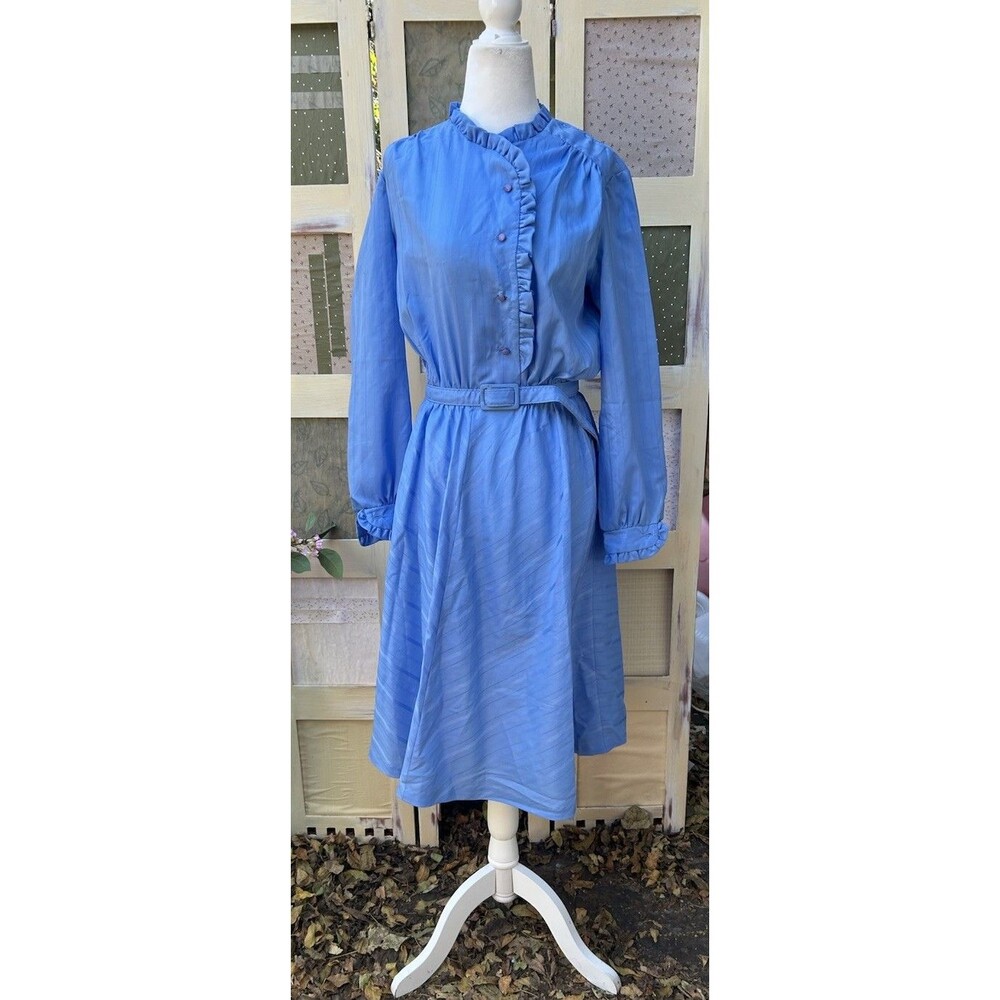 Vintage 1980s Prairie Dress Formal 14.5 Cornflower Blue Ruffle High Neck Cottage